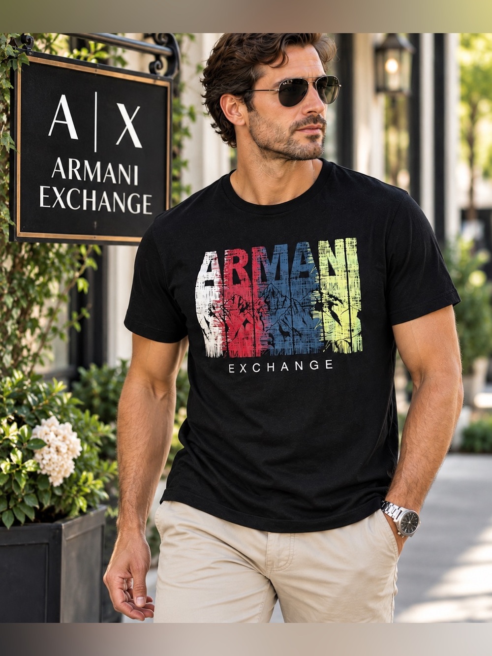 Armani Exchange A|X Black Multicolor Graphic Logo Slim Fit T-Shirt Men’s XL